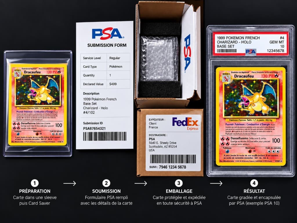 Parcours de soumission chez PSA : carte en sleeve et Card Saver, formulaire rempli, colis protégé, carte gradée dans son boîtier.